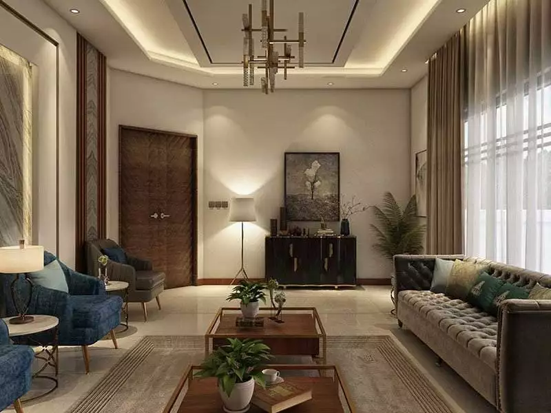 The drawing room's interior design is an elegant and sophisticated blend of contemporary chic, featuring cozy elements that make it inviting and harmonious, creating a space that is both luxurious and tastefully appointed designed by Archi-Cubes.